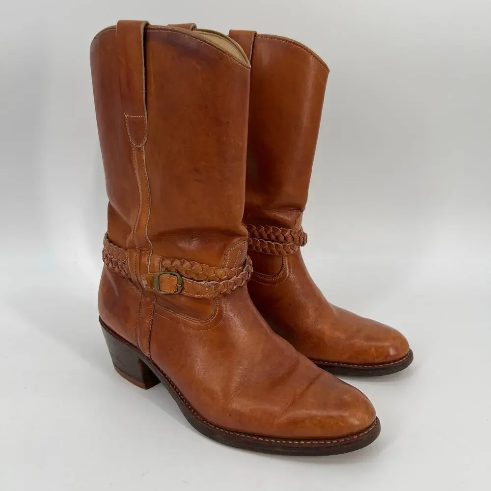 Vintage Father and Son Western Boots Mens 8.5 D Cognac Brown Leather Belted READ